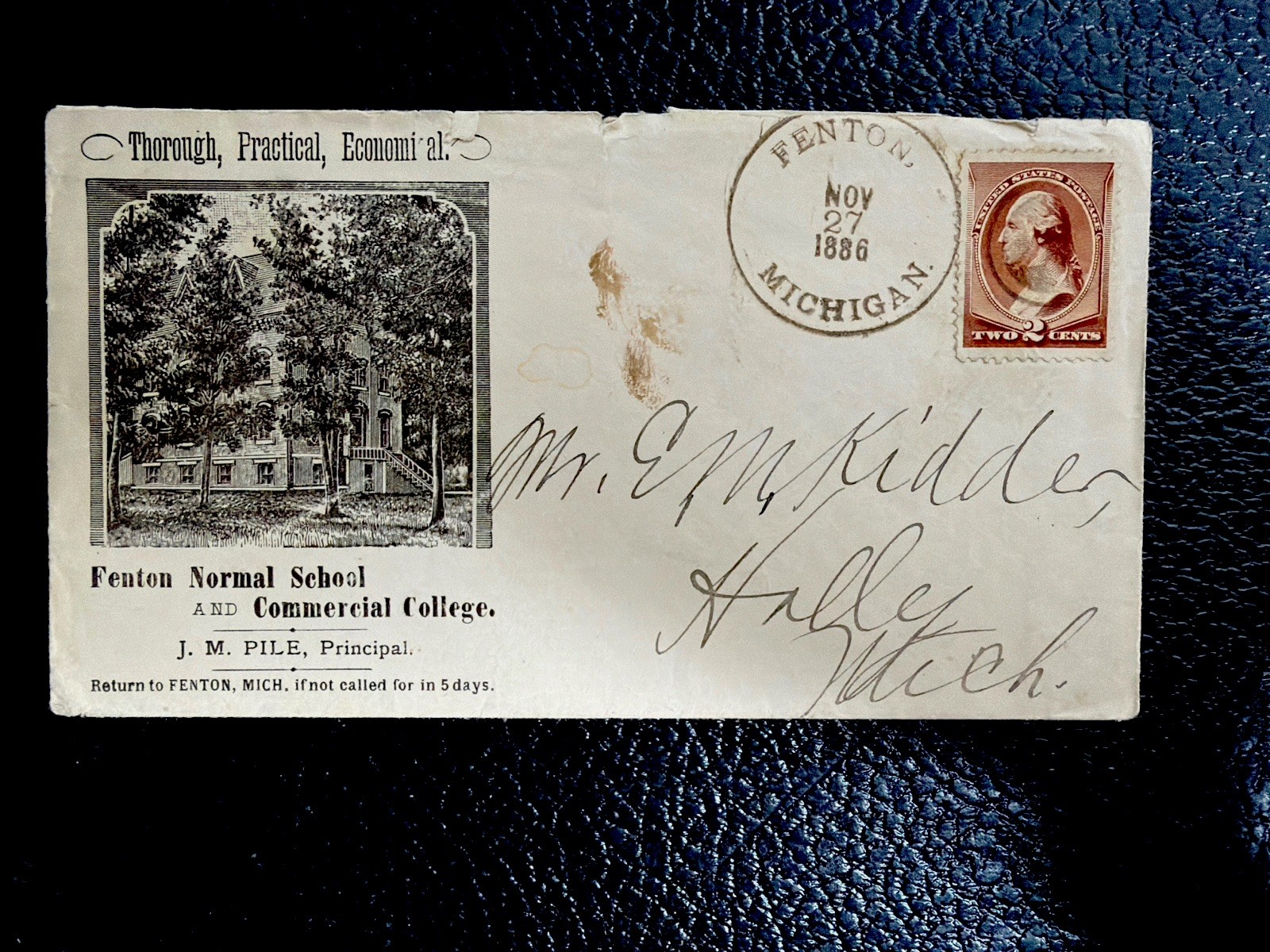 1886 Fenton Normal School Commercial College Cover Illustrated Corner Card