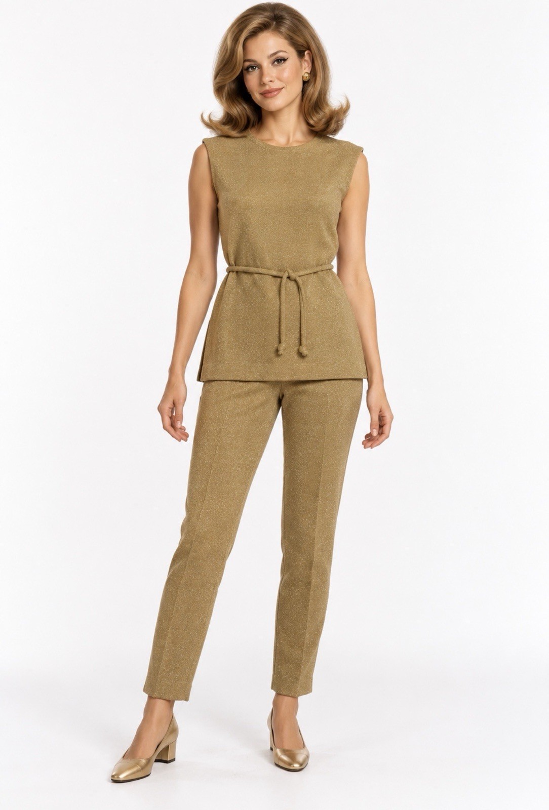 Vintage Jantzen 2 Piece 60s 70s Mod Retro Gold Metallic Knit Top + Pant Set XS S