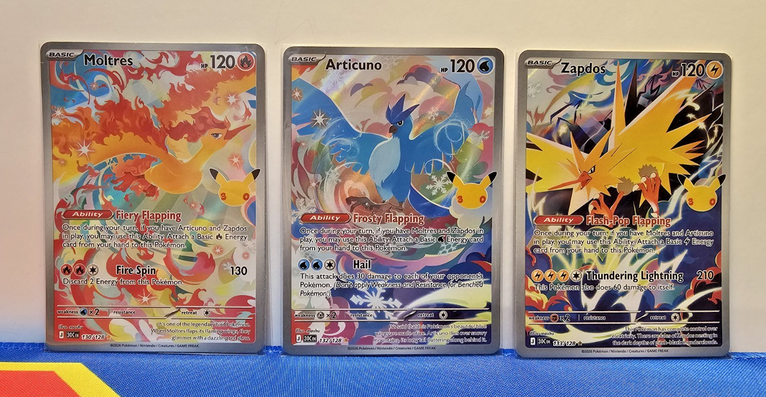 Pokémon 30th Anniversary Legendary Birds Trio illustration Rare 130,132,133 Pokémon 30th Anniversary Legendary Birds Trio illustration Rare 130,132,133
