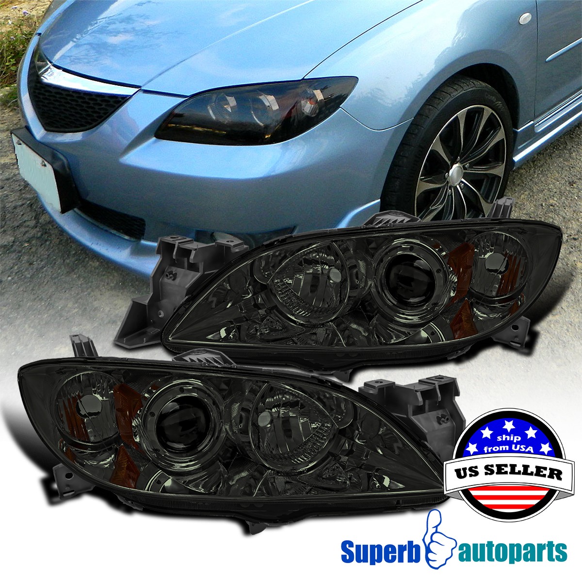 For 2004-2009 Mazda 3 Sedan Smoke Projector Headlights Replacement Left+Right