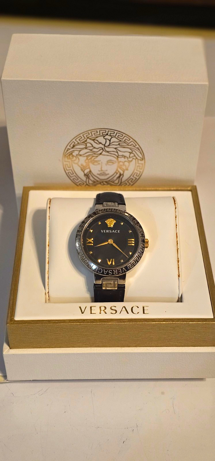 Versace V-Circle Women’s Quartz Watch Black/Gold Dial Roman, Leather, Box
