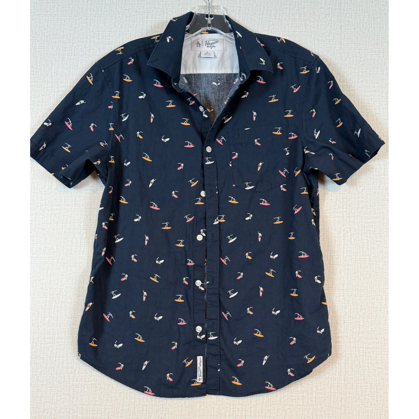 Original Penguin Men Navy Blue Surfer AOP Short Sleeve Button Down Shirt M Retro