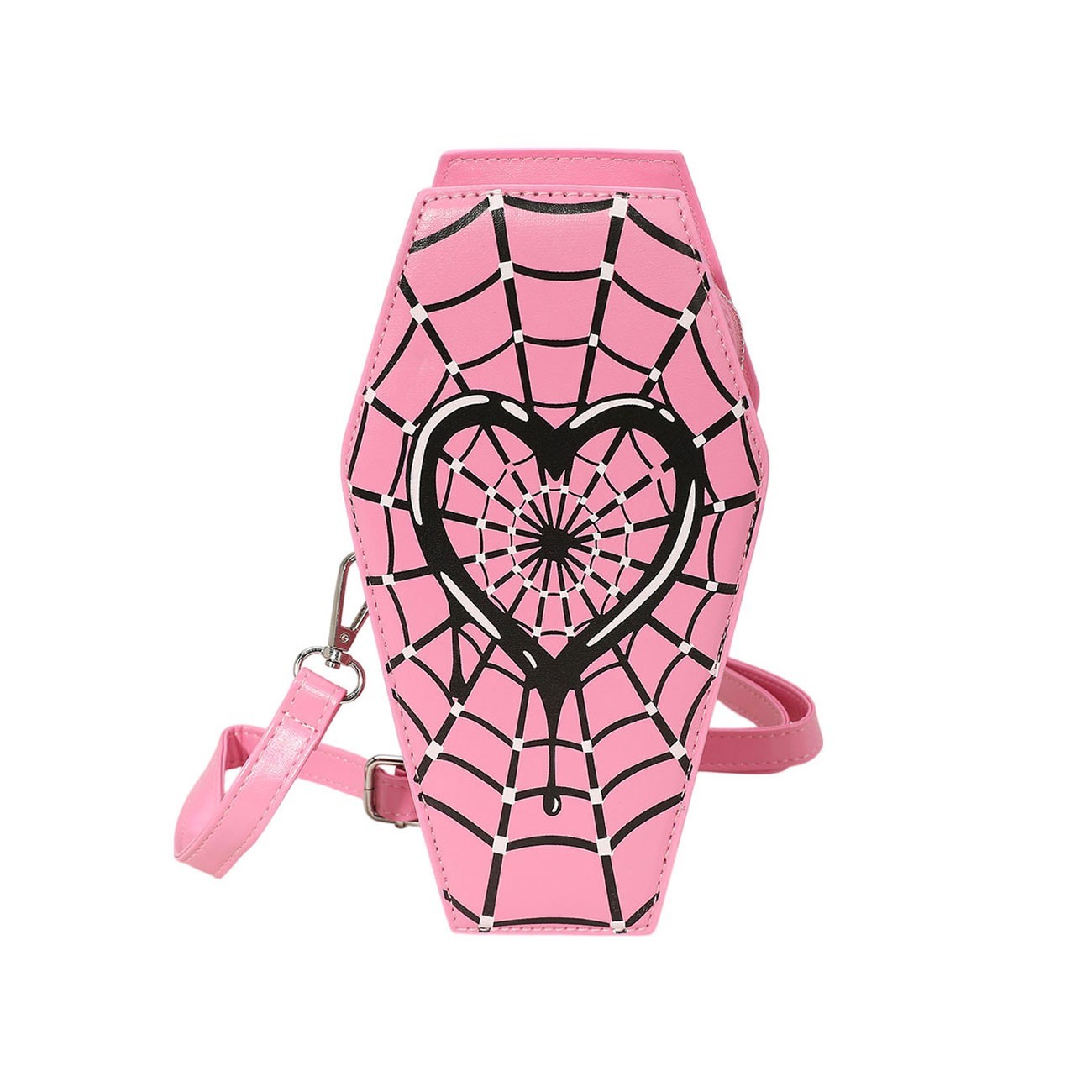 TIGERSTARS PINK FAUX LEATHER GOTHIC HEART SPIDERWEB PRINTED COFFIN CROSSBODY BAG