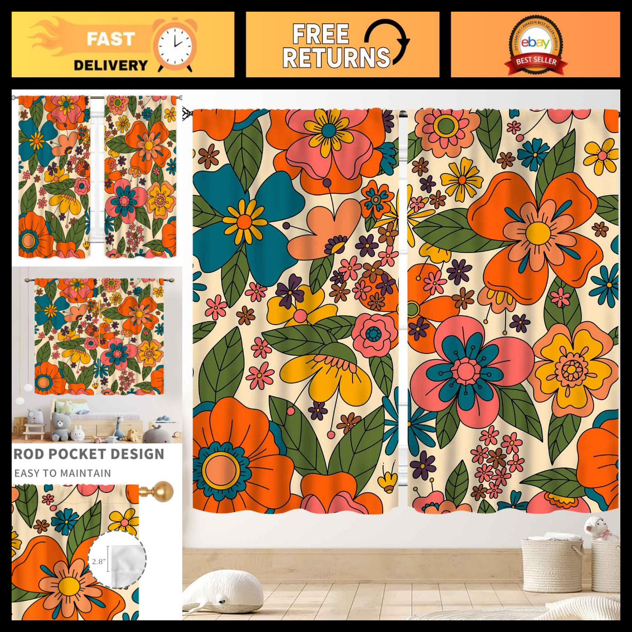 Boho Floral Curtains Set, Retro 60s 70s Vintage Window Drapes for Kitchen Bedroo