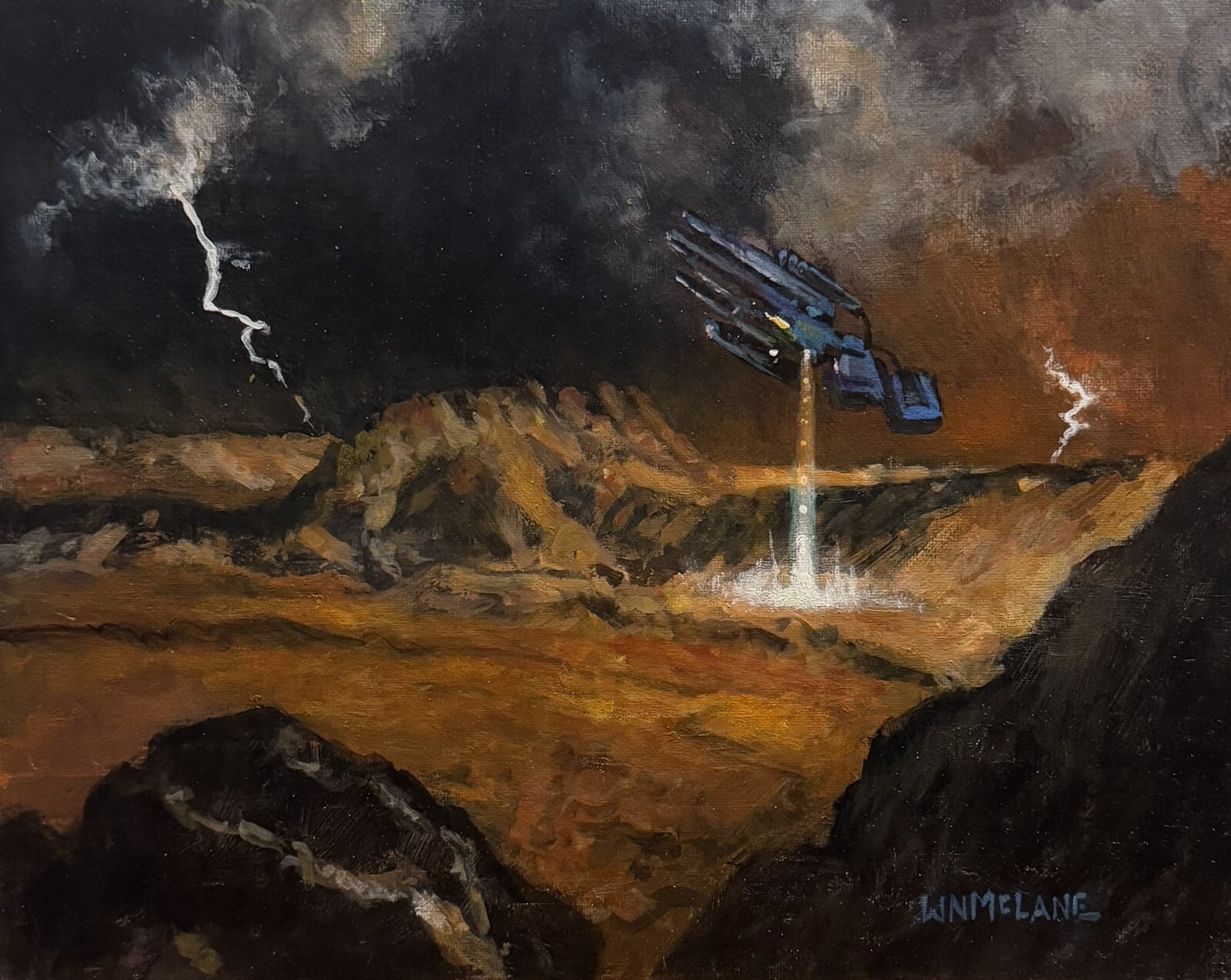 Original Sci Fi Painting UFO Drone New Planet Lightening Acrylic/Canvasboard Original Sci Fi Painting UFO Drone New Planet Lightening Acrylic/Canvasboard