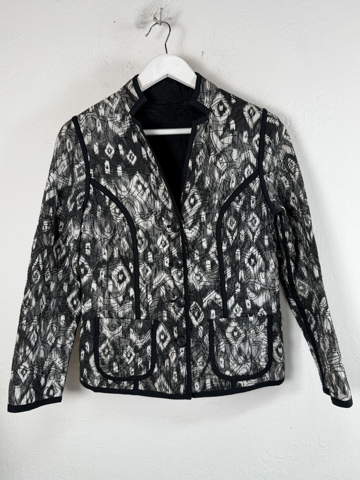 Chico\'s Womens Black White Abstract Print Button-Front Cotton Jacket Size 0