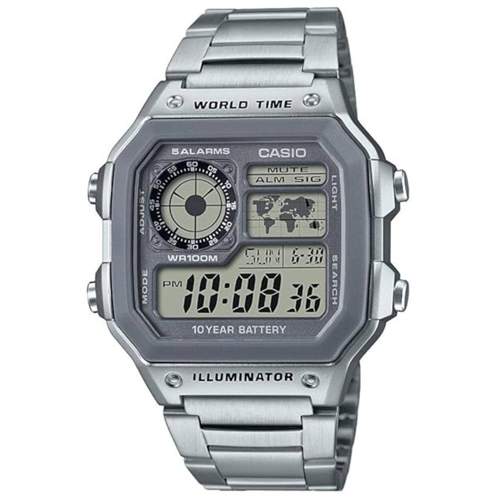 Casio Men\'s Watch World Time Grey Digital Dial Silver Bracelet AE-1200WHD-7A