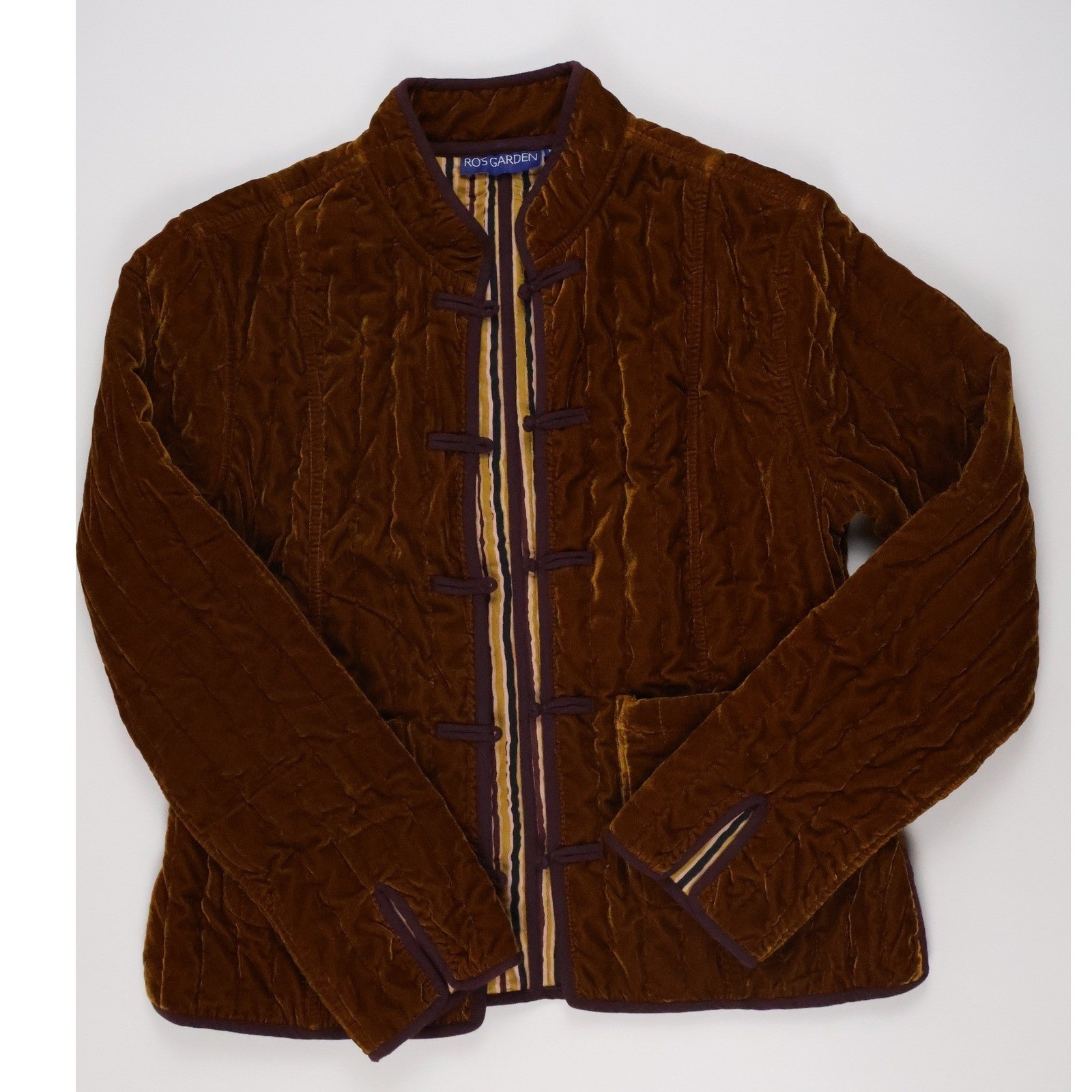 Ro\'s Garden Quilted Velvet Jacket Mandarin Collar Brown XS