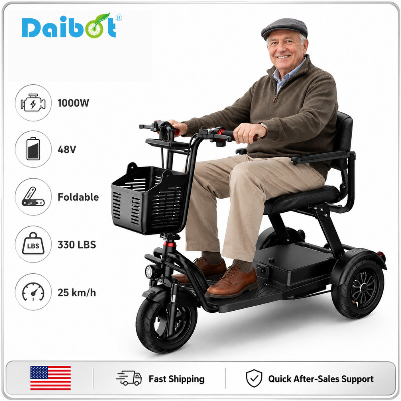 Daibot Dual Motor 1000W 3-Wheel Scooter w/ Armrests & Basket, Foldable E-Trike