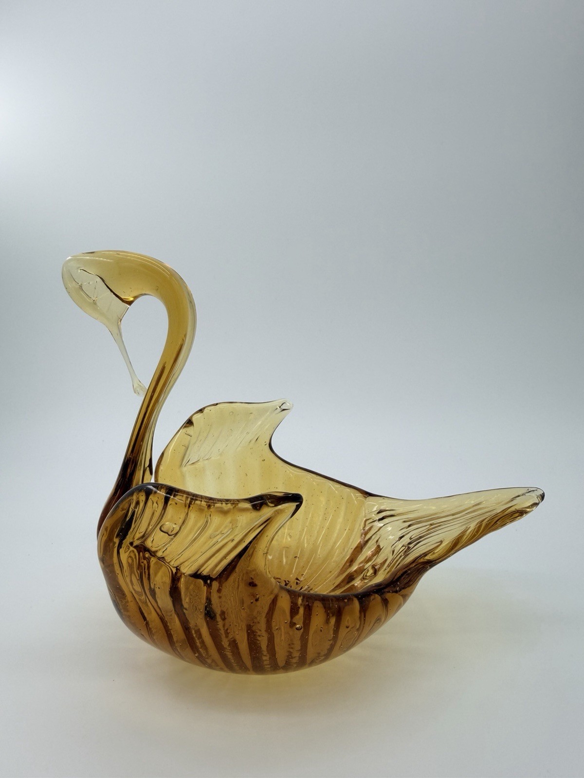 Vintage Hand Blown Amber Art Glass Swan Bowl Sooner Style Tooled Head Flawless