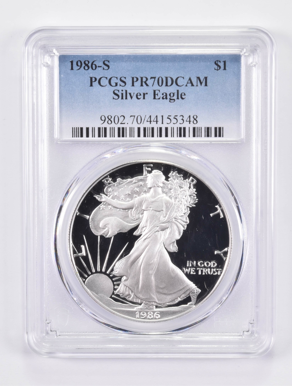 1986-S American Silver Eagle PR70 DCAM PCGS Blue Label 1986-S American Silver Eagle PR70 DCAM PCGS Blue Label