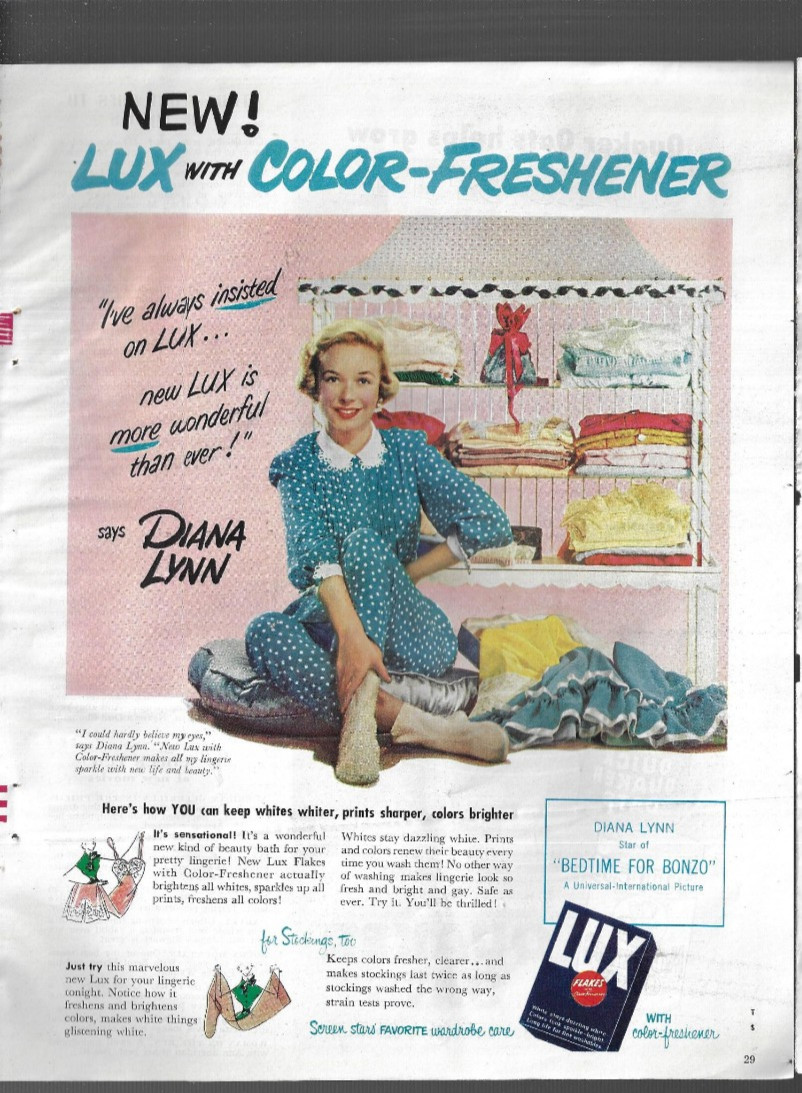LUX SOAP ADVERTISING color 1950s DIANA LYNN star BEDTIME For BONZO