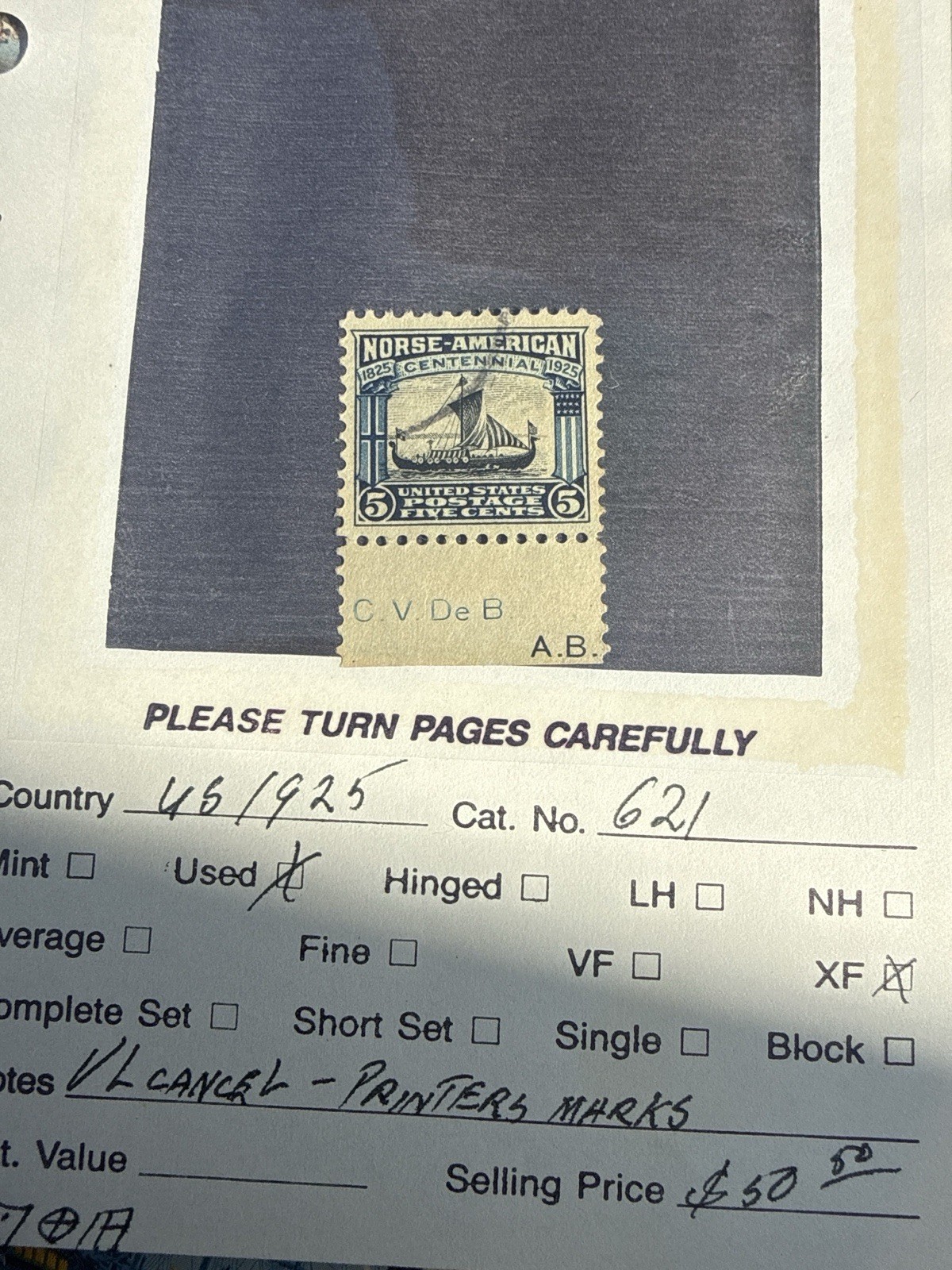 1925 Norse-American 5¢ Stamp Scott 621  NH XF w/ Rare Printer Initials