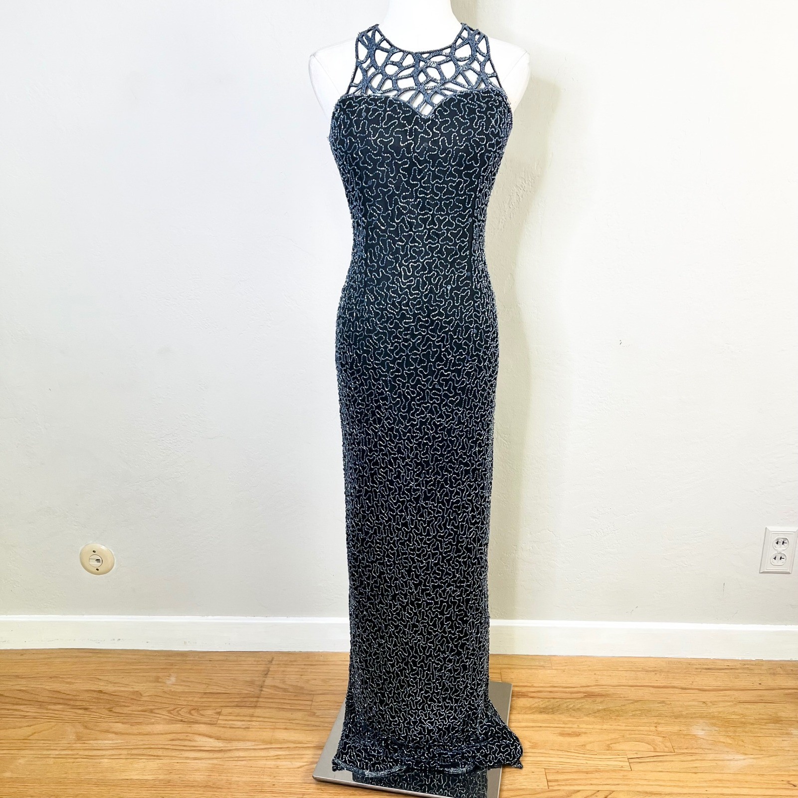 Romy Scala Gown Beaded Silk Maxi Dress Size Medium Black Blue Formal Evening