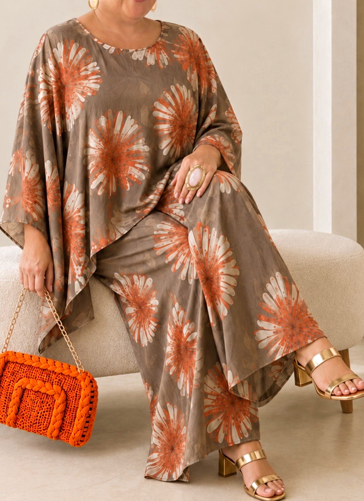 Women\'s 2-Piece Floral Wide-Leg Pants Set Crew Neck 3/4 Sleeve Pullover