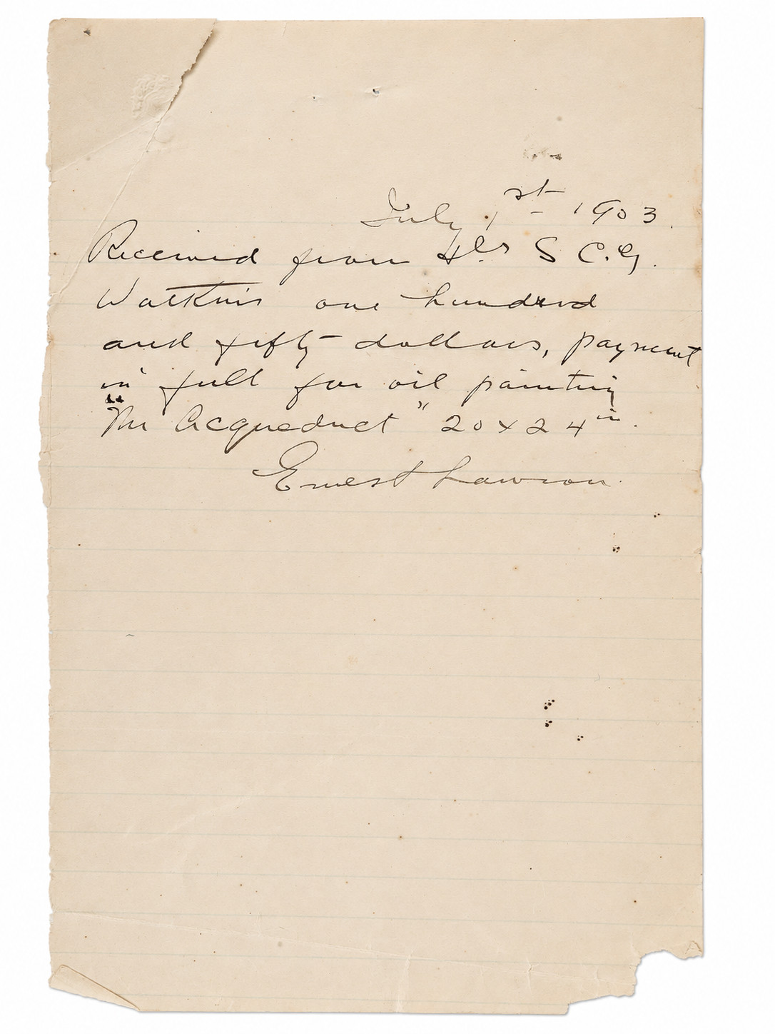 Ernest Lawson Signed 1903 Painting Receipt \