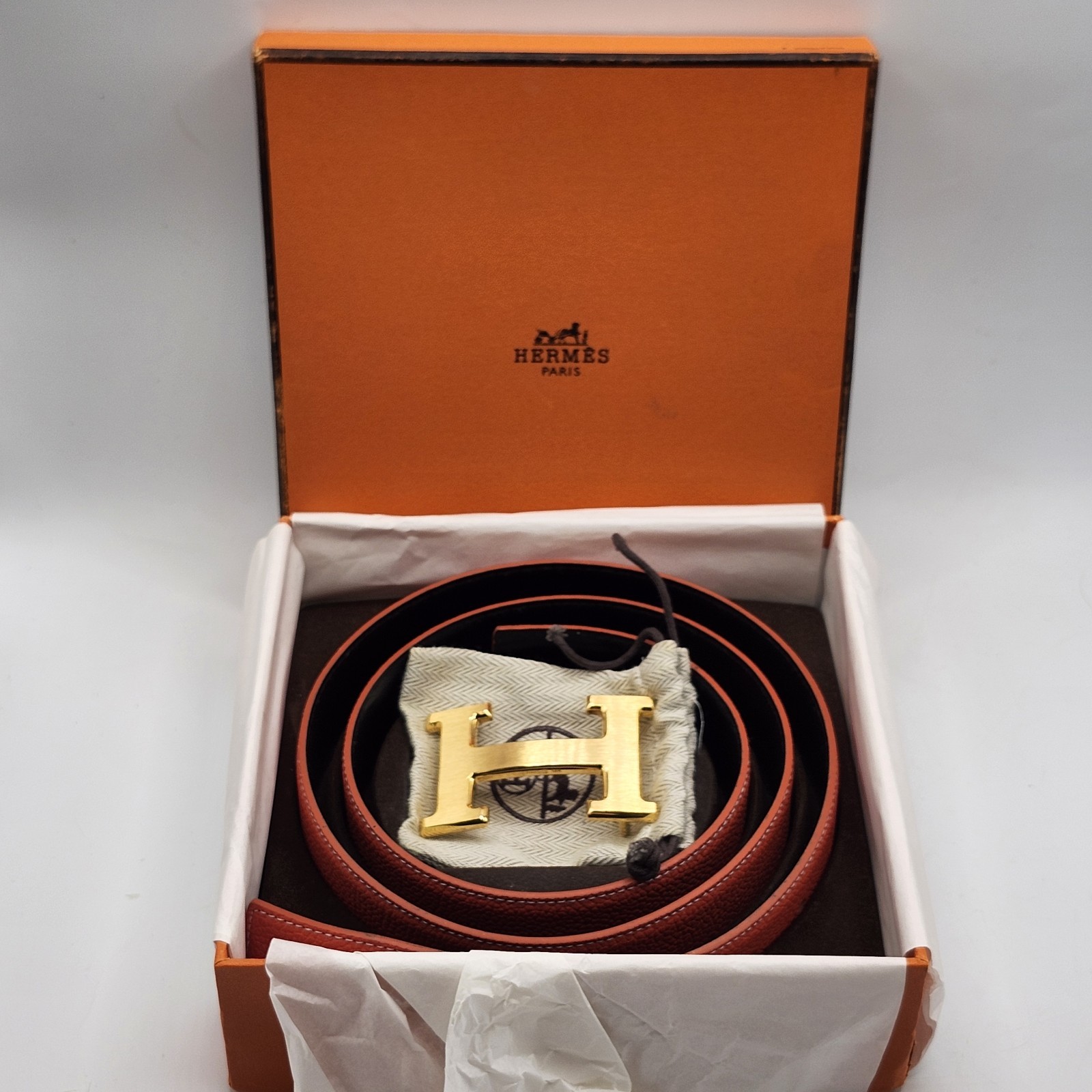 Hermes H Buckle Reversible Belt Mens Size 50 Gold Black Orange Hermes H Buckle Reversible Belt Mens Size 50 Gold Black Orange