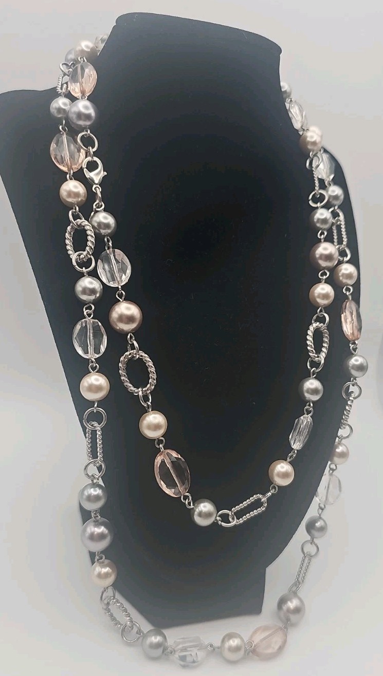 Premier Designs Pink Gray Faux Pearl Link Chain Necklace Silver tone Long 48\ Premier Designs Pink Gray Faux Pearl Link Chain Necklace Silver tone Long 48\