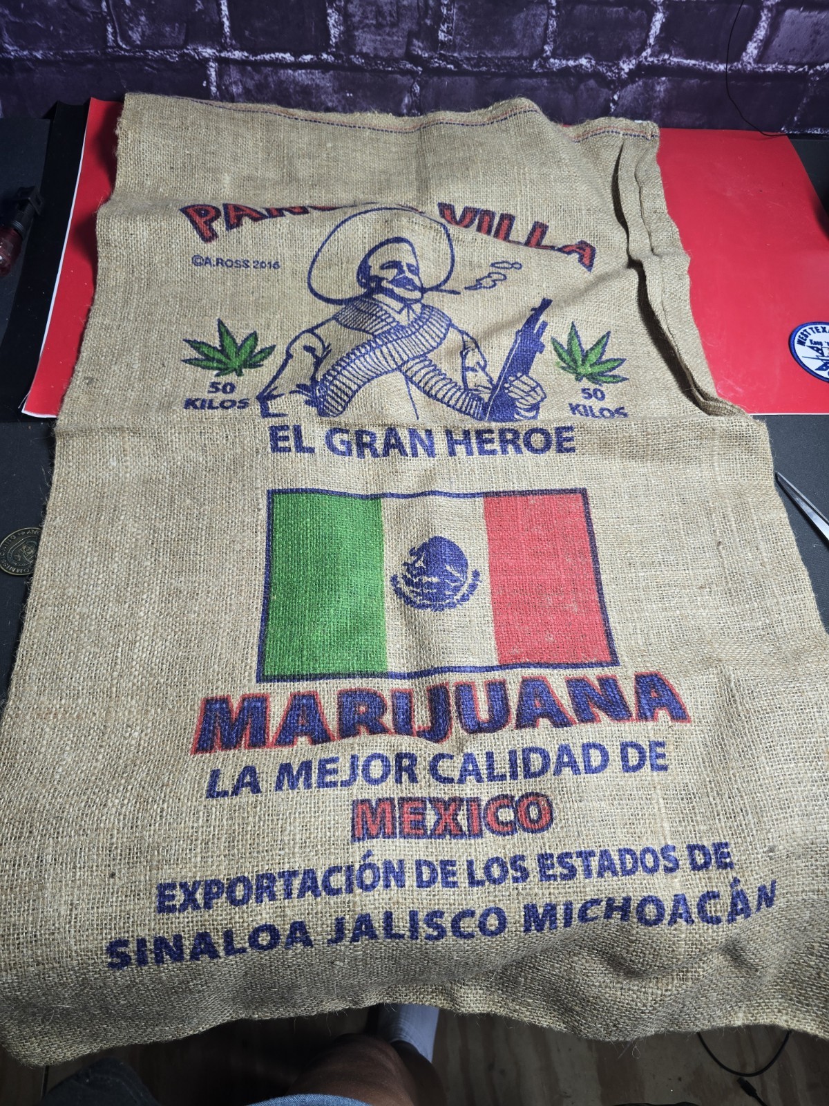 Vintage Pancho Villa Burlap Sack Mexican Flag 50 Kilos Sinaloa Jalisco Ross 2002 Vintage Pancho Villa Burlap Sack Mexican Flag 50 Kilos Sinaloa Jalisco Ross 2002