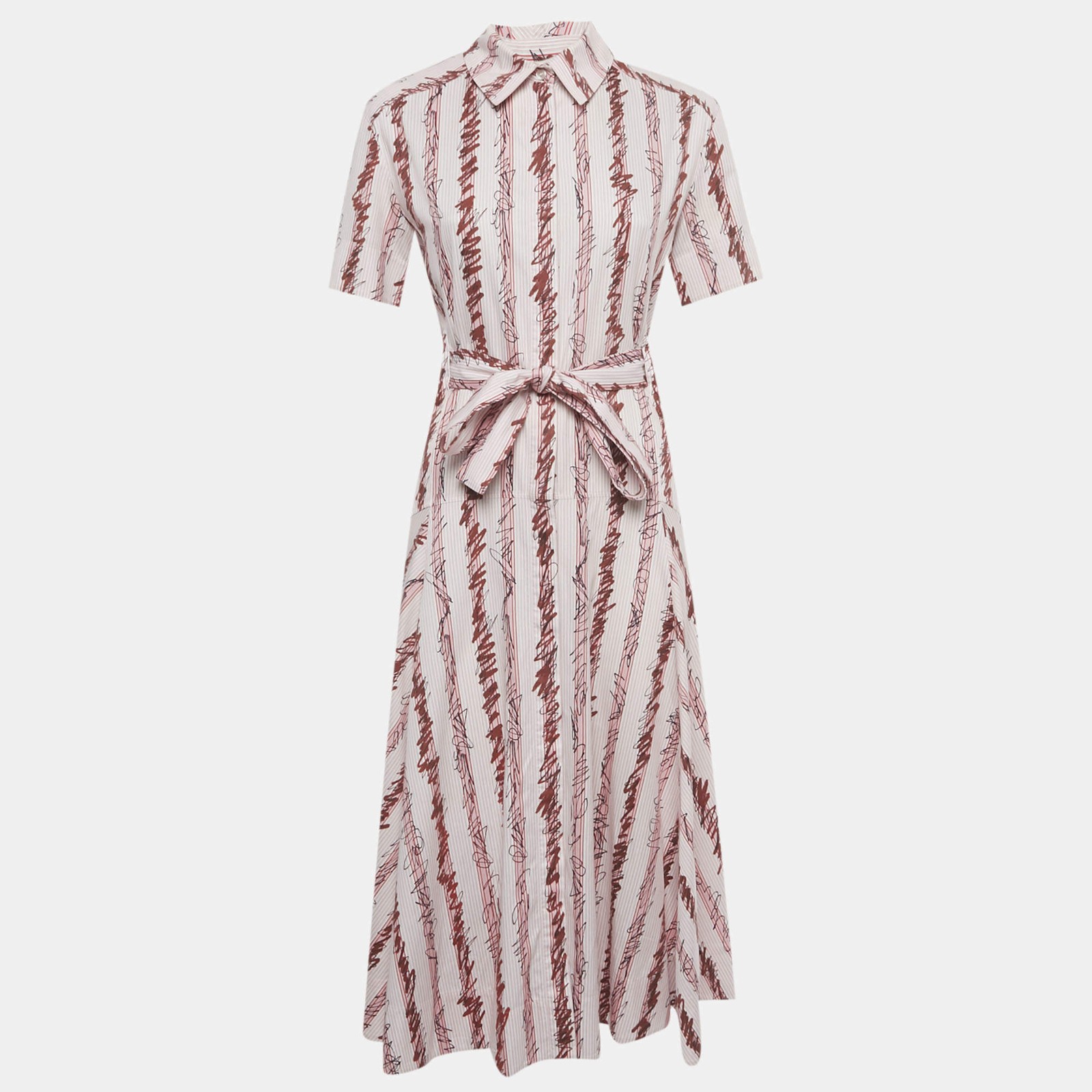 Burberry Pink Scribble Printed Cotton Belted Shirt Dress S