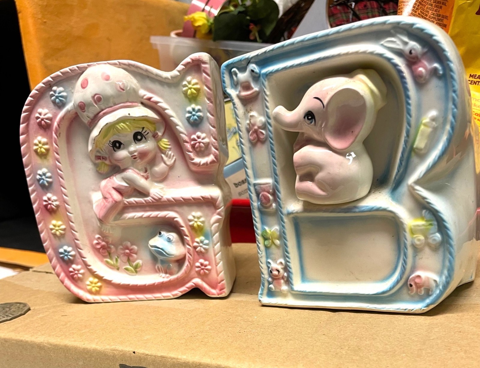 Vintage Rubens Originals Ceramic Nursery floral containers (2) Baby Girl & Boy J