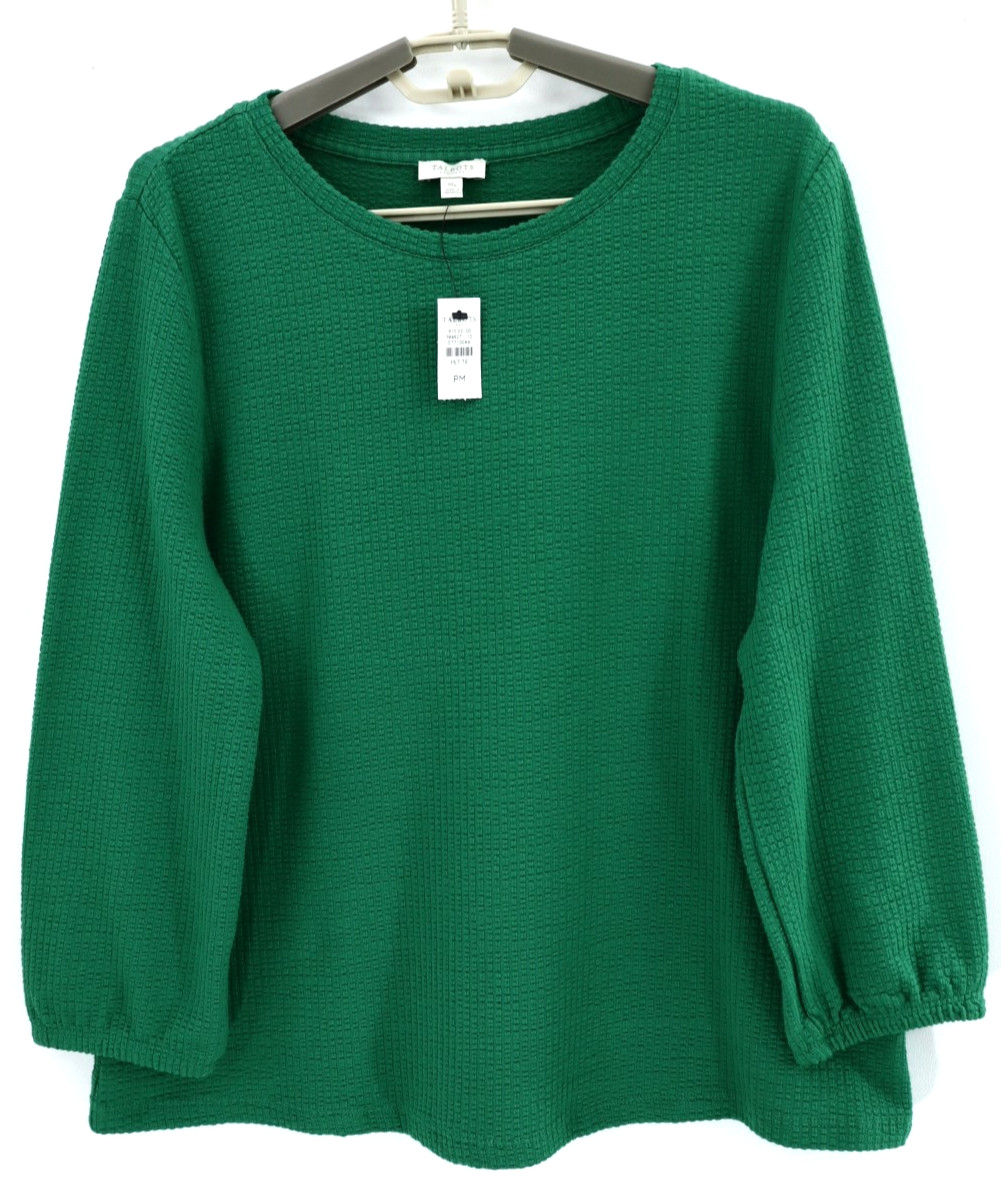 NWT TALBOTS Women\'s Stretch Cotton Waffle Knit Top 3/4 Sleeve Deep Green Size PM