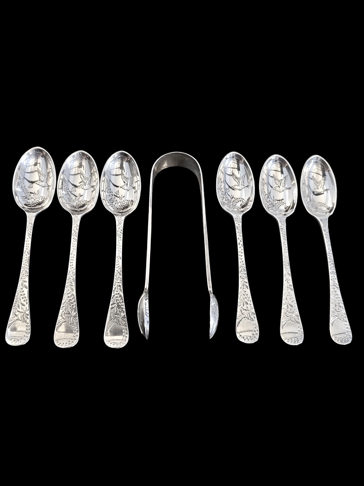Victorian Sterling Silver 6 Teaspoons & Sugar Tongs London 1883 Engraved 110g