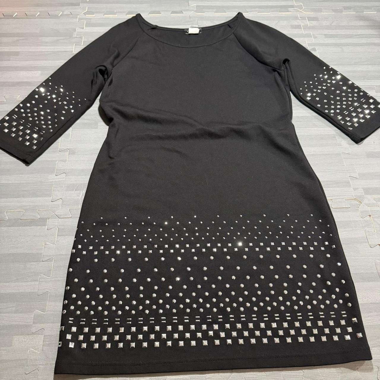 Black Silver Studded Long Sleeve Mini Tunic Dress Scoop Neck Above The Knee