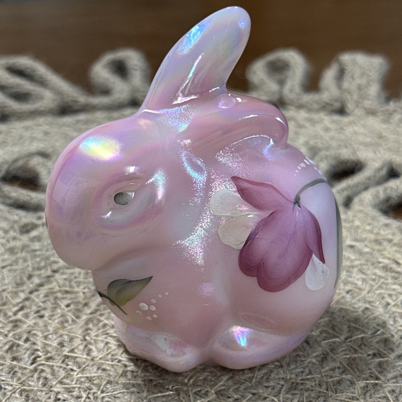 Fenton 95th Anniversary Rosalene Iridescent Bunny Rabbit Hand Painted Signed