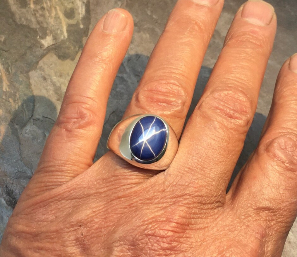Genuine Blue Star Sapphire Signet Ring 925 Sterling Silver Men\'s Jewelry Gift