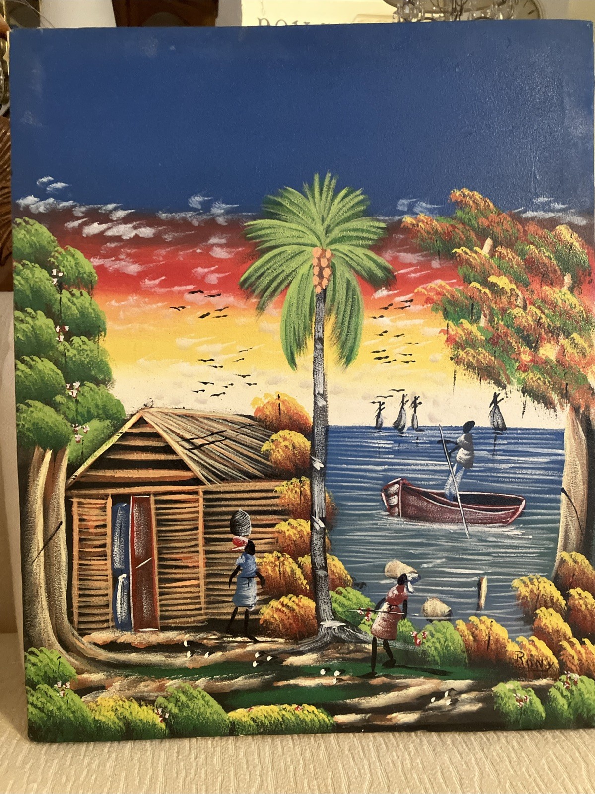 Beautiful, Colorful Haitian Beach Village Original 16x20” Oil Painting by Rony