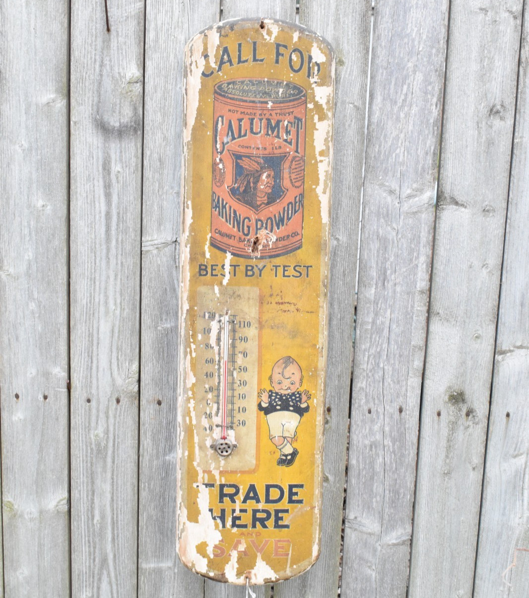 CALUMET POWDER WOODEN THERMOMETER DEALER SIGN ANTIQUE 1910s INDIAN BABY TODDLER