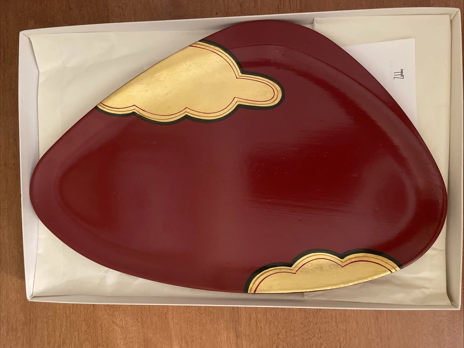 ZOHIKO Red & Gold Lacquerware Tray Asymmetrical Original Box And Paperwork 12” ZOHIKO Red & Gold Lacquerware Tray Asymmetrical Original Box And Paperwork 12”