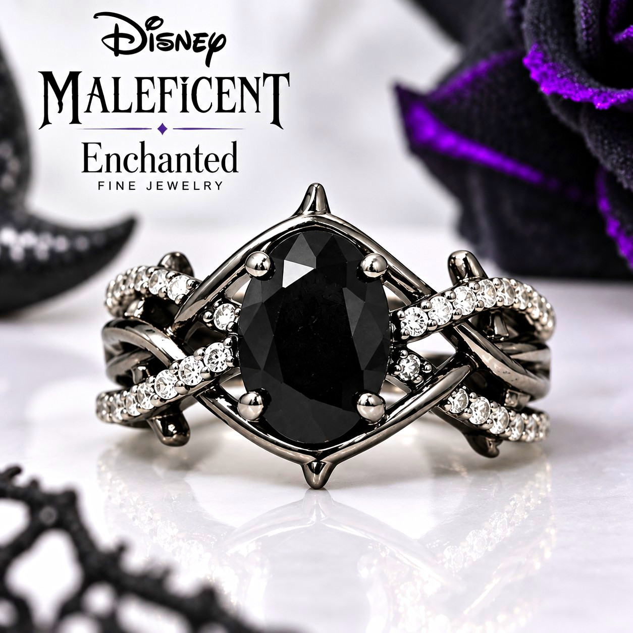Enchanted Disney Maleficent 925 Onyx Natural Diamond Ring 7.25 1/5 CTW