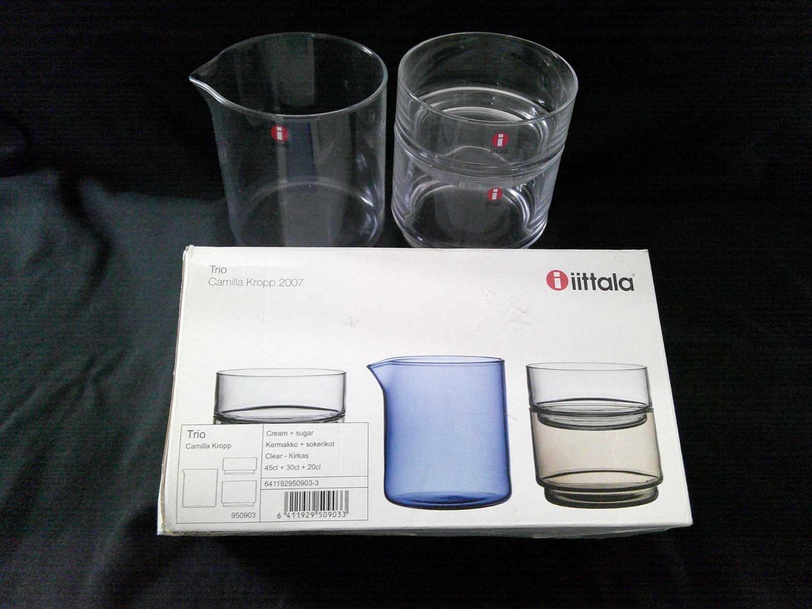 Vtg Littala Trio Sugar & Creamer Finland Mouth Blown Glass Camilla Kropp MIB