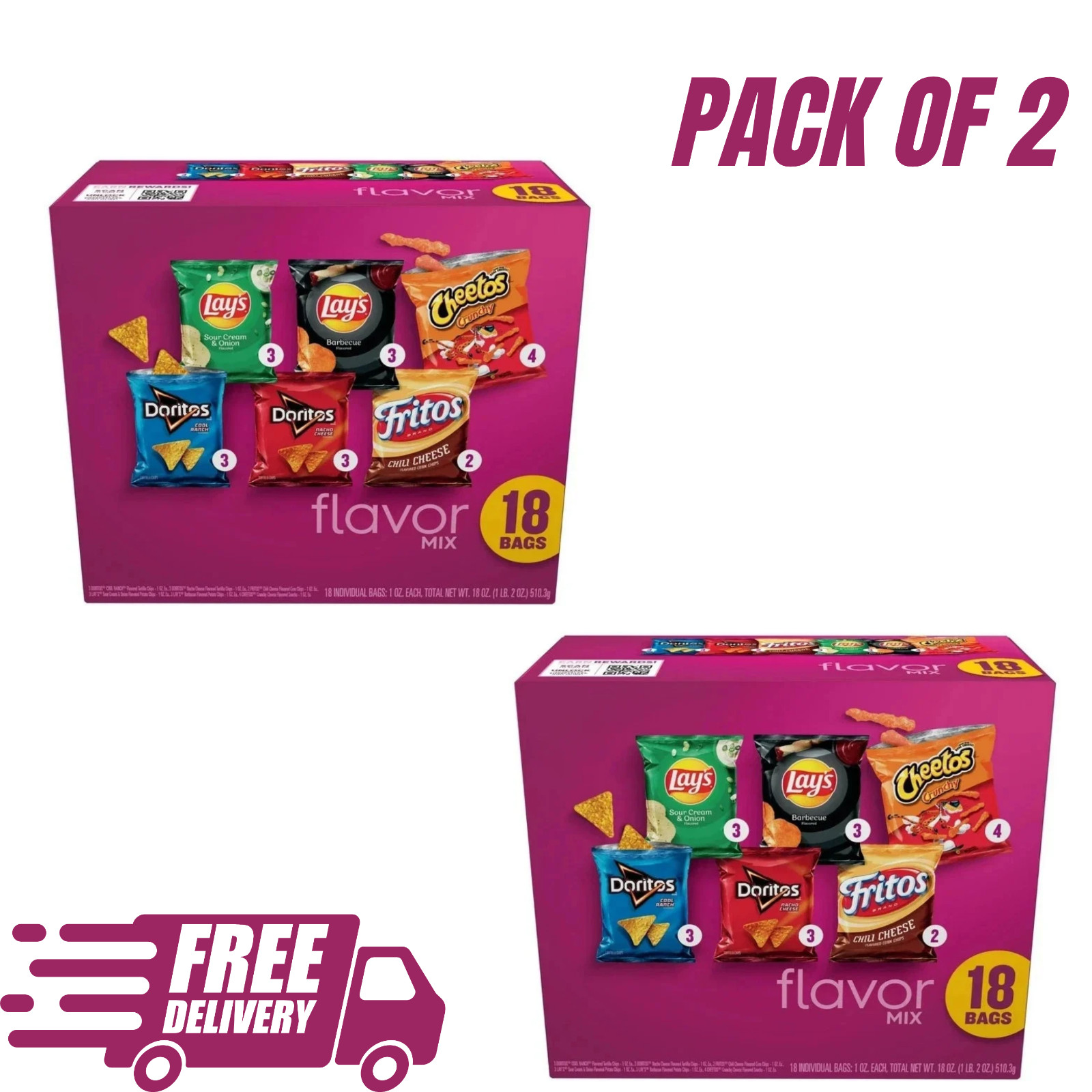 (PACK OF 2) Frito Lay Flavor Mix Chips Variety Pack, 1 oz, 18 Count 