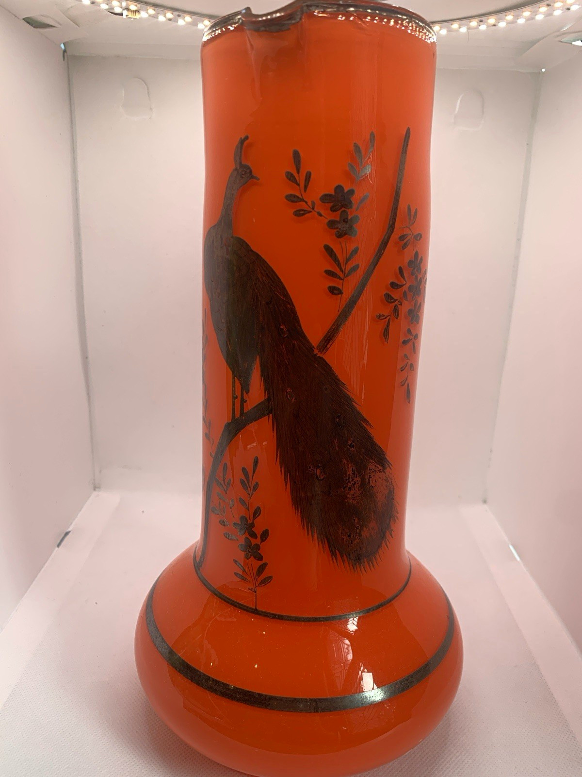 Czechoslovakia Orange Hand Blown Art Glass Peacock Pitcher Jug 2 L Czechoslovakia Orange Hand Blown Art Glass Peacock Pitcher Jug 2 L