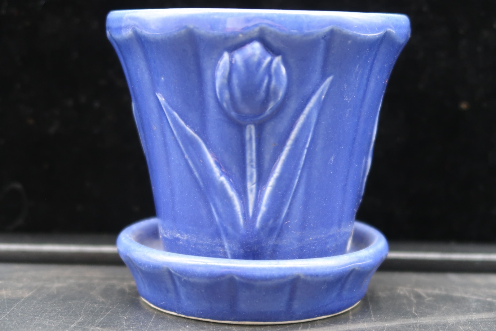 Vtg Shawnee Pottery Cobalt Blue Tulip Flower Pot Attached Saucer USA Mark VGC