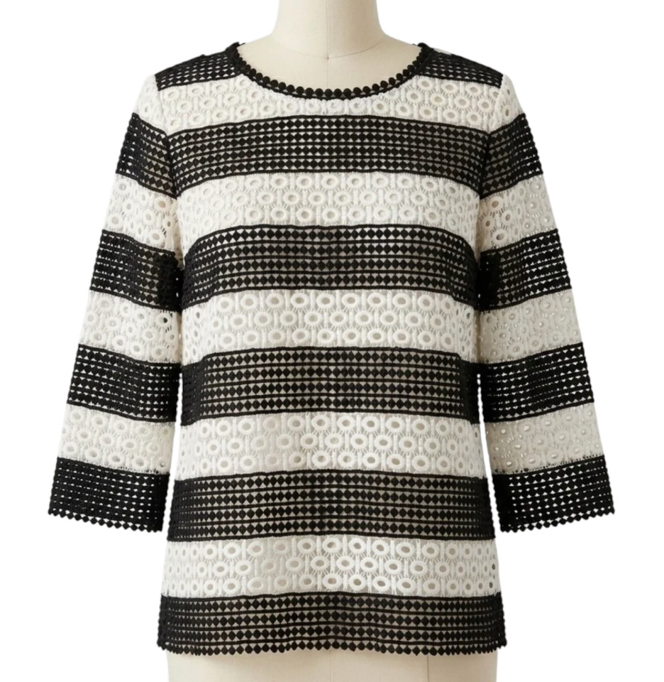 TALBOTS Black & Off-White WIDE STRIPED EYELET LACE Blouse Top Lined LP L-P