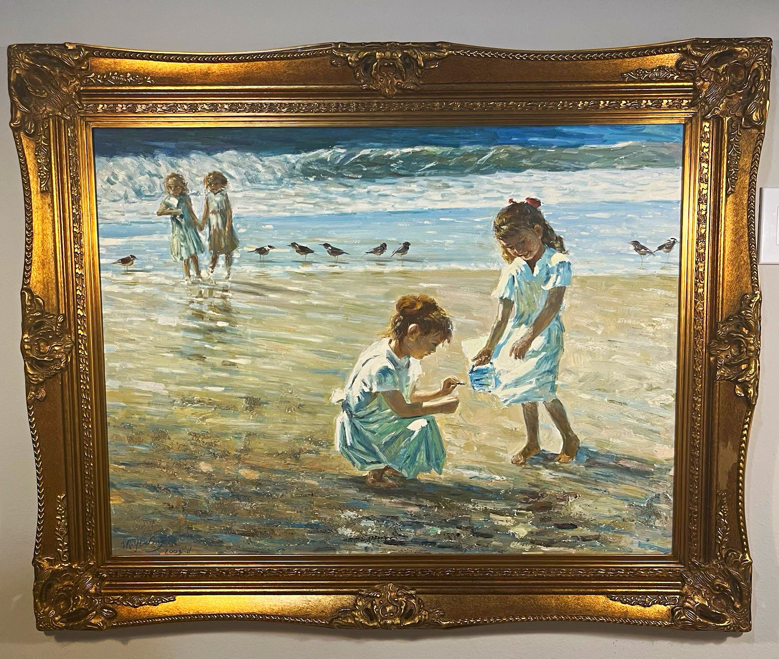Children on the Beach oil on canvas signed by M. Yinling