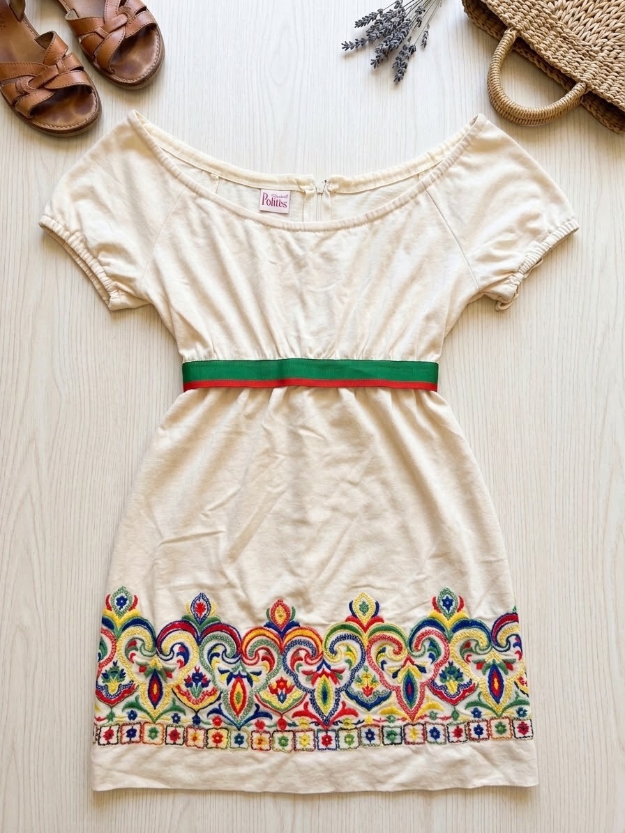 Vintage 60s 70s Petiteen Embroidered Folk Peasant Mini Dress Grosgrain Ribbon XS