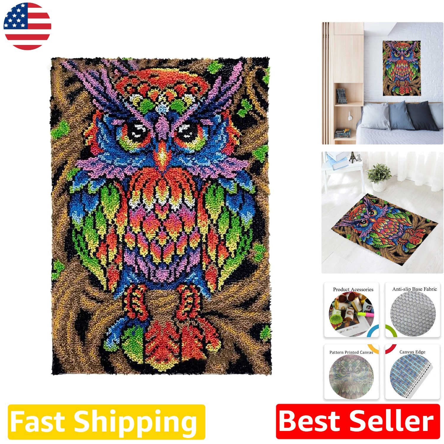 Unique DIY Latch Hook Kit, Adult Colorful Owl Rug, Easy Pre-Printed Canvas Craft