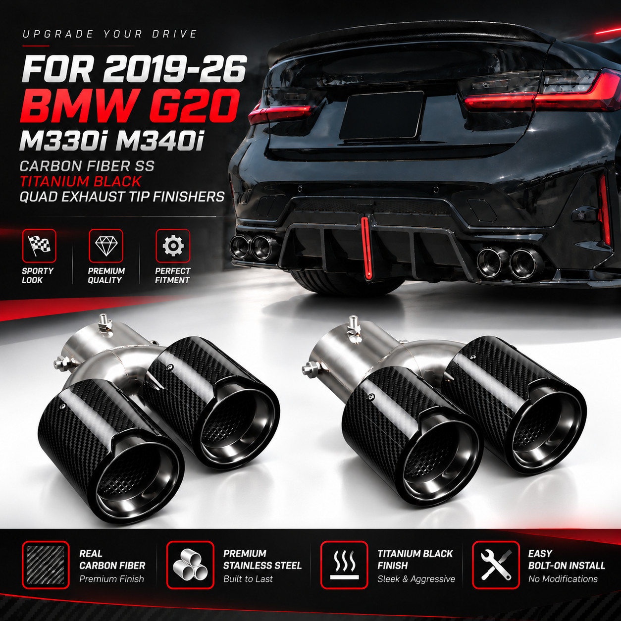 FOR 2019-26 BMW G20 M330i M340i CARBON FIBER SS BLACK QUAD EXHAUST TIP FINISHERS