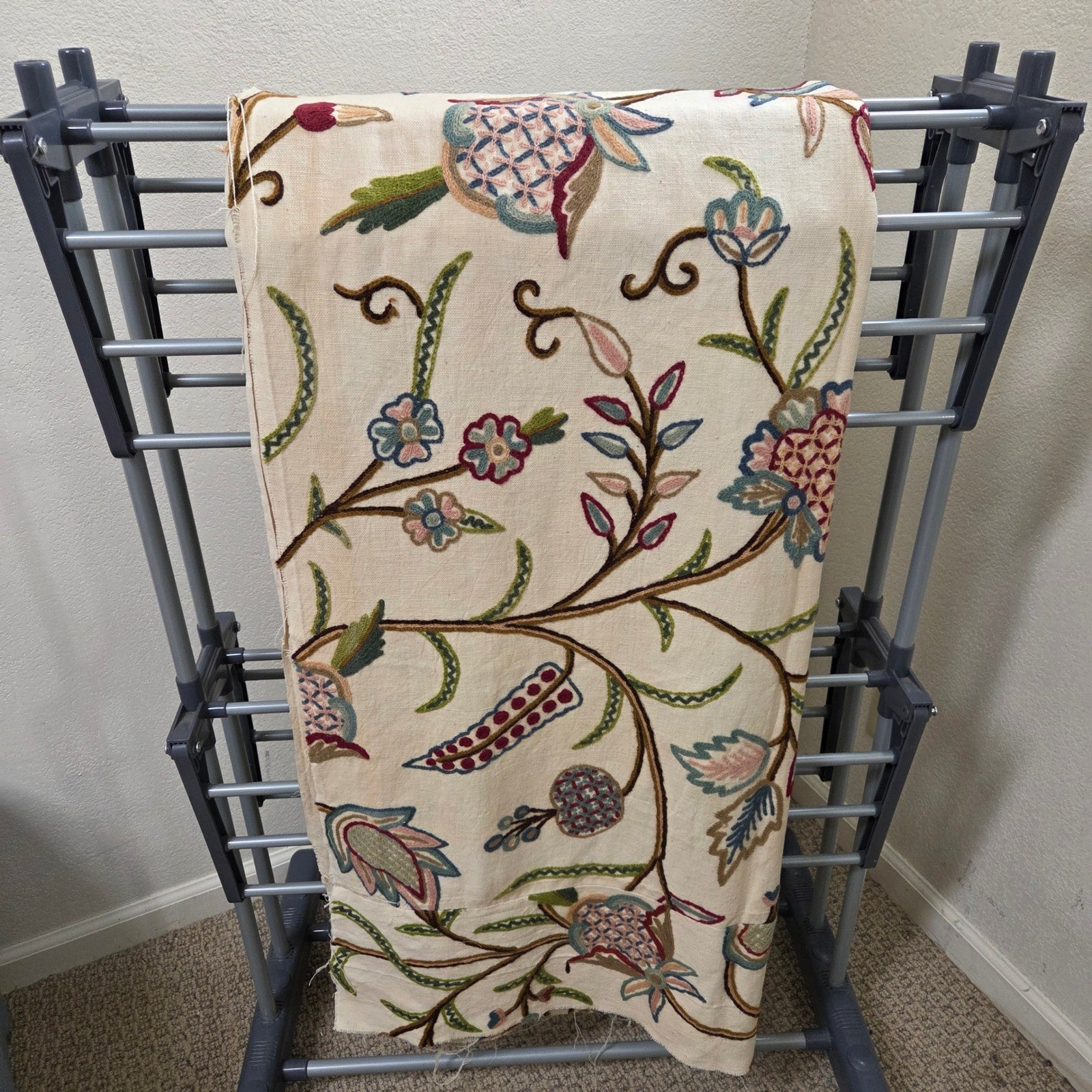 Vintage Jacobean Floral Crewel Embroidered Linen Fabric Remnant 18x52 Cream