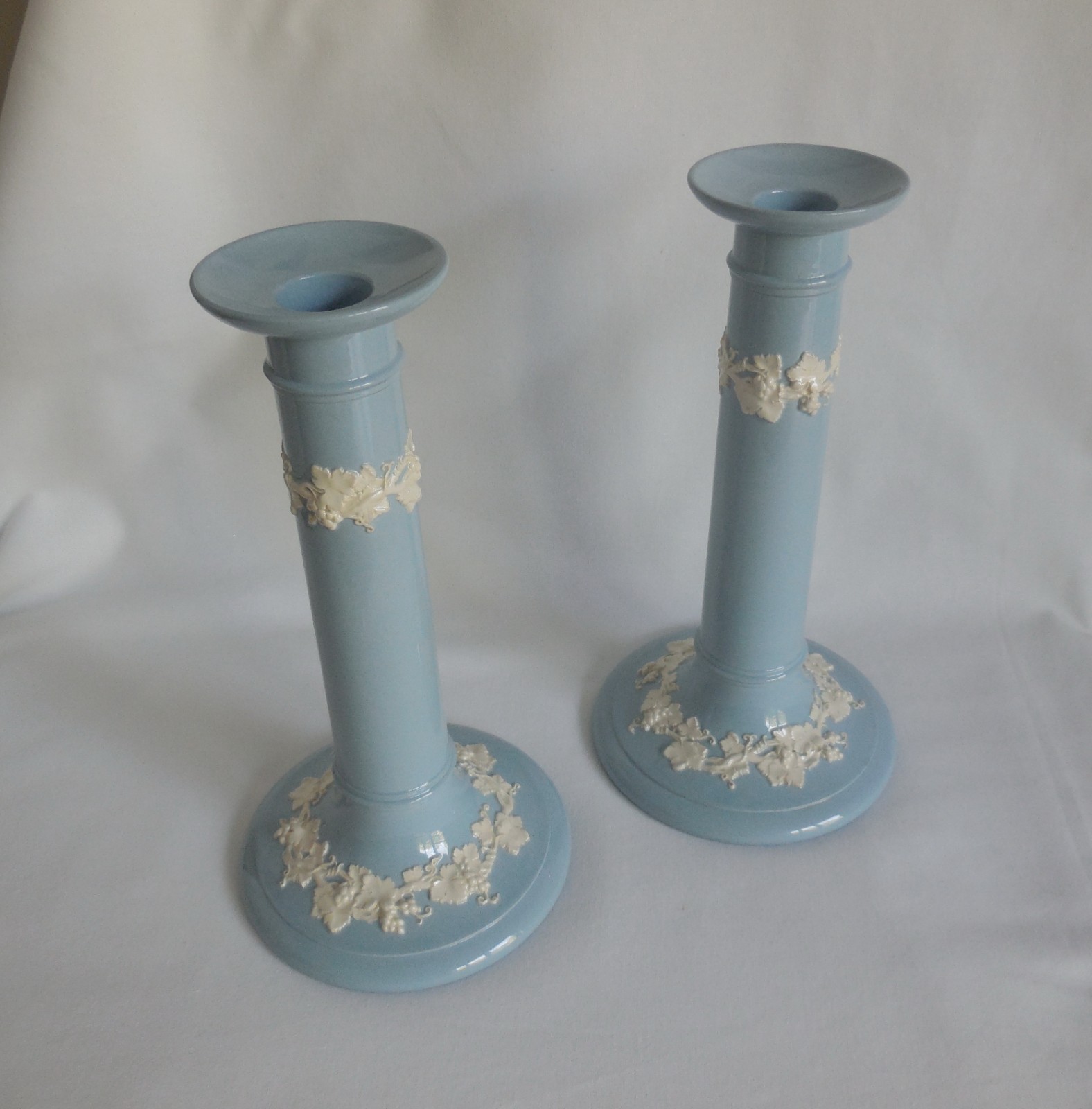 Vintage Wedgwood Lavender Blue Queensware 9 Inch Pillar Candlesticks Vintage Wedgwood Lavender Blue Queensware 9 Inch Pillar Candlesticks