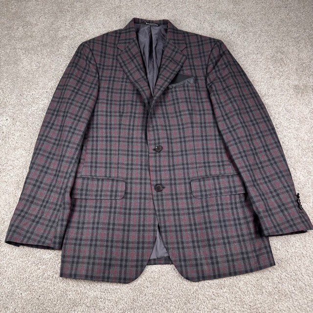 Coppley Biella 2112 Grey Maroon Plaid Sport Coat Blazer Canada Size 36R Wool