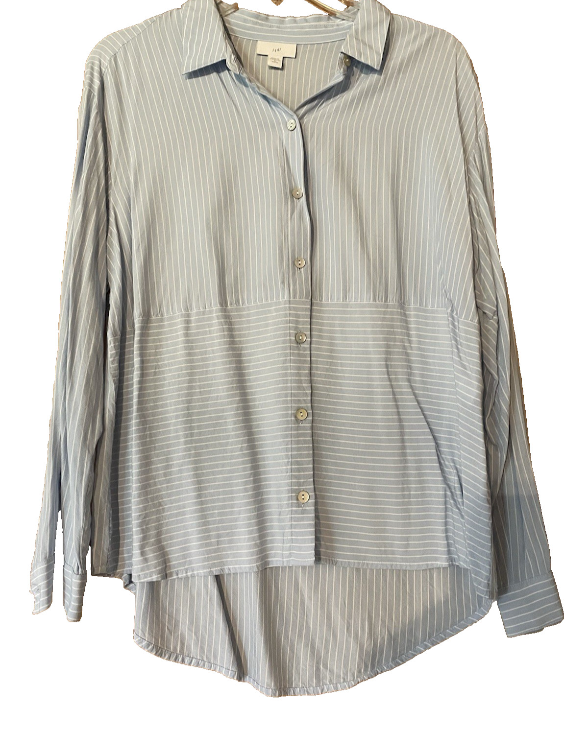 J Jill EUC Women\'s M Petite Light Blue & White Striped Rayon Tunic Shirt