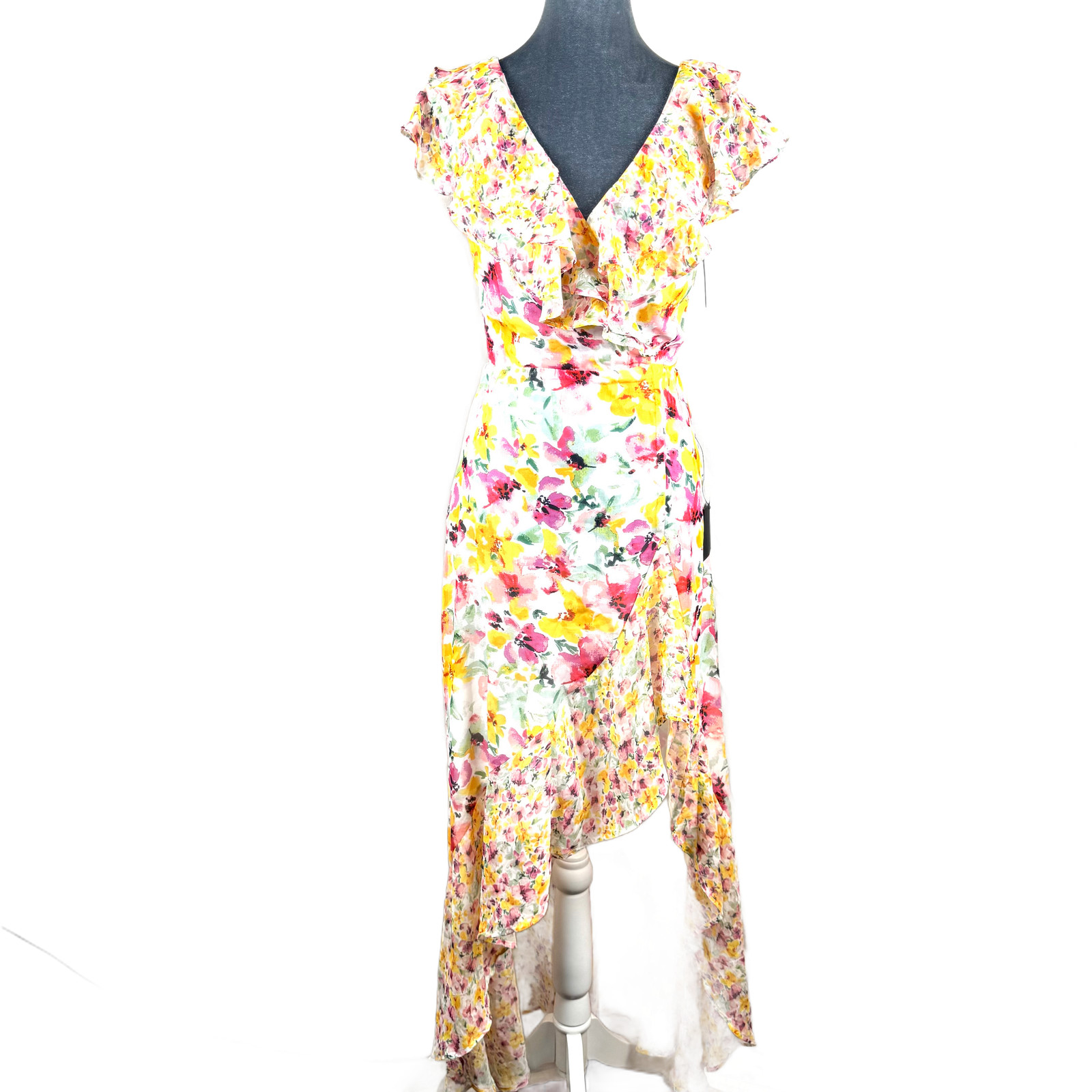 Lulus Women\'s Maxi Dress XS White Floral Ruffle Wrap High-Low Style & Tie Back 