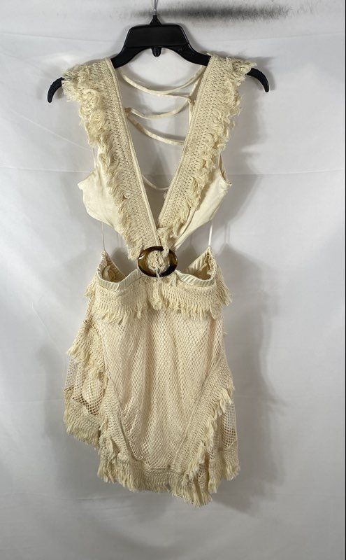 Rosevelvet Women\'s Cream Fringed Mesh Cutout O-Ring Mini Dress Size L