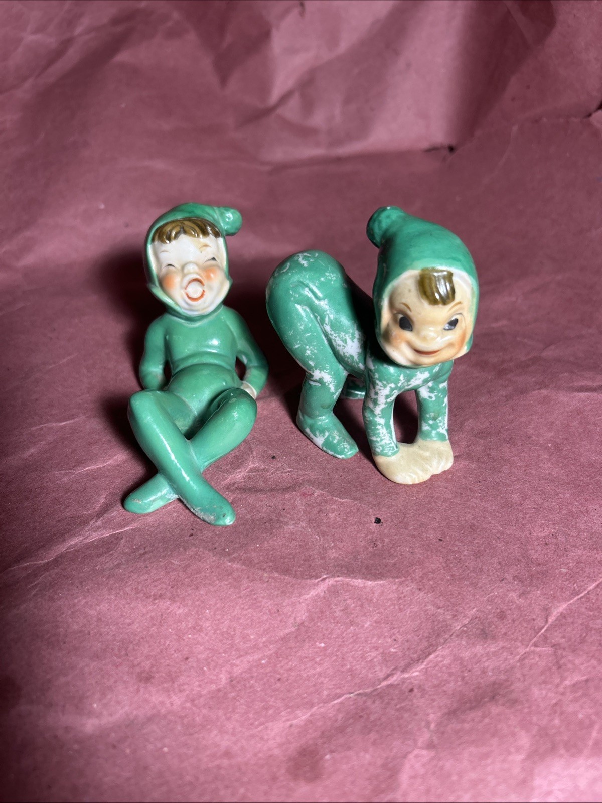Vintage 1950s Japan Ceramic Pixie Elf Figurines Pair Green Kitsch Christmas MCM Vintage 1950s Japan Ceramic Pixie Elf Figurines Pair Green Kitsch Christmas MCM